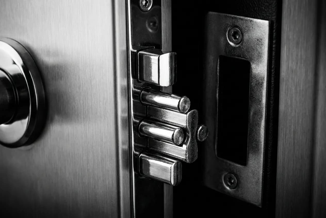 Parmaporte: Prezzi, Catalogo e Porte Blindate a Parma Gros plan sur le mécanisme de verrouillage d'une porte blindée Parmaporte, montrant les pênes en acier chromé pour une sécurité maximale.