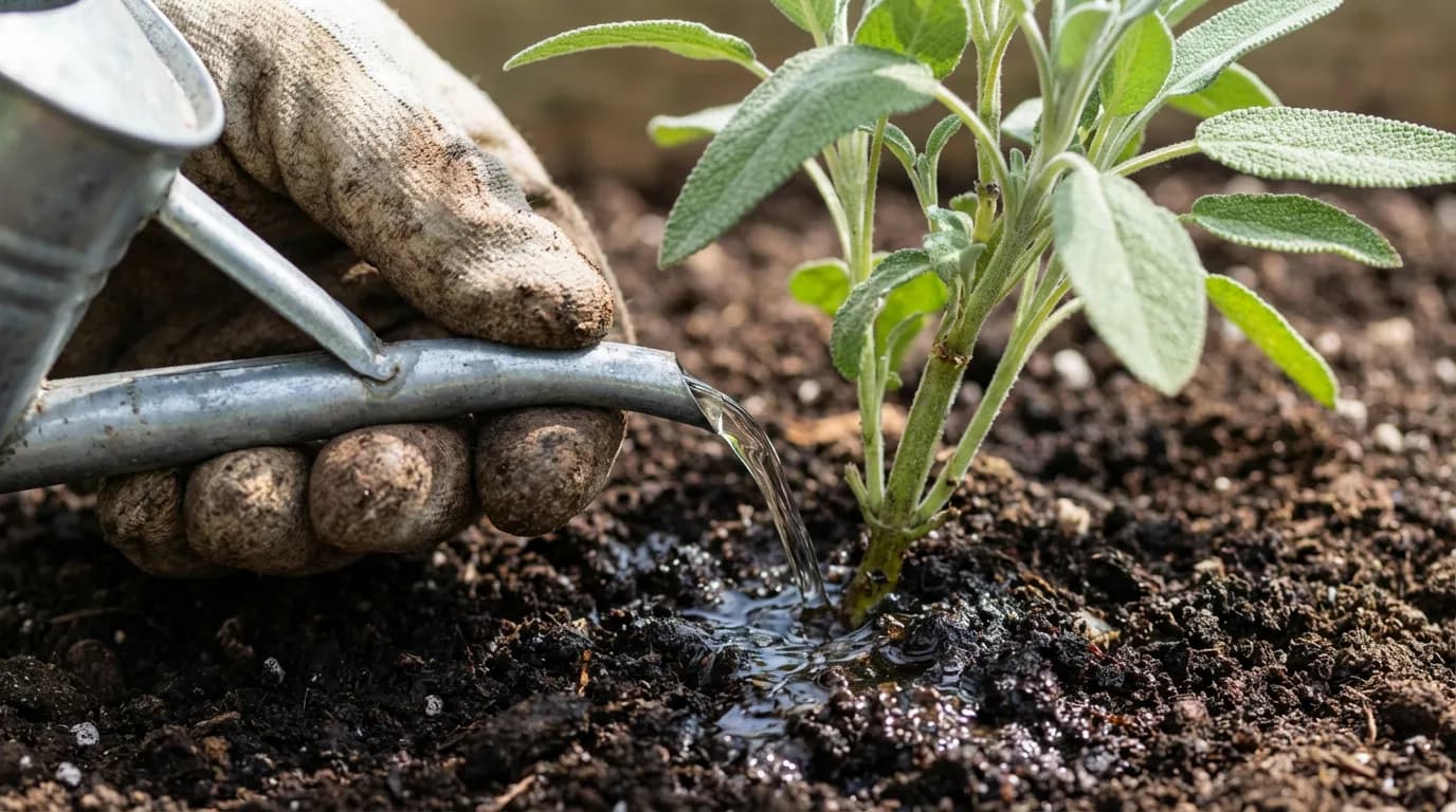 Arrosage correct de la sauge Mains d'un jardinier arrosant avec soin la base d'une plante de sauge pour éviter les maladies, un des remèdes efficaces.