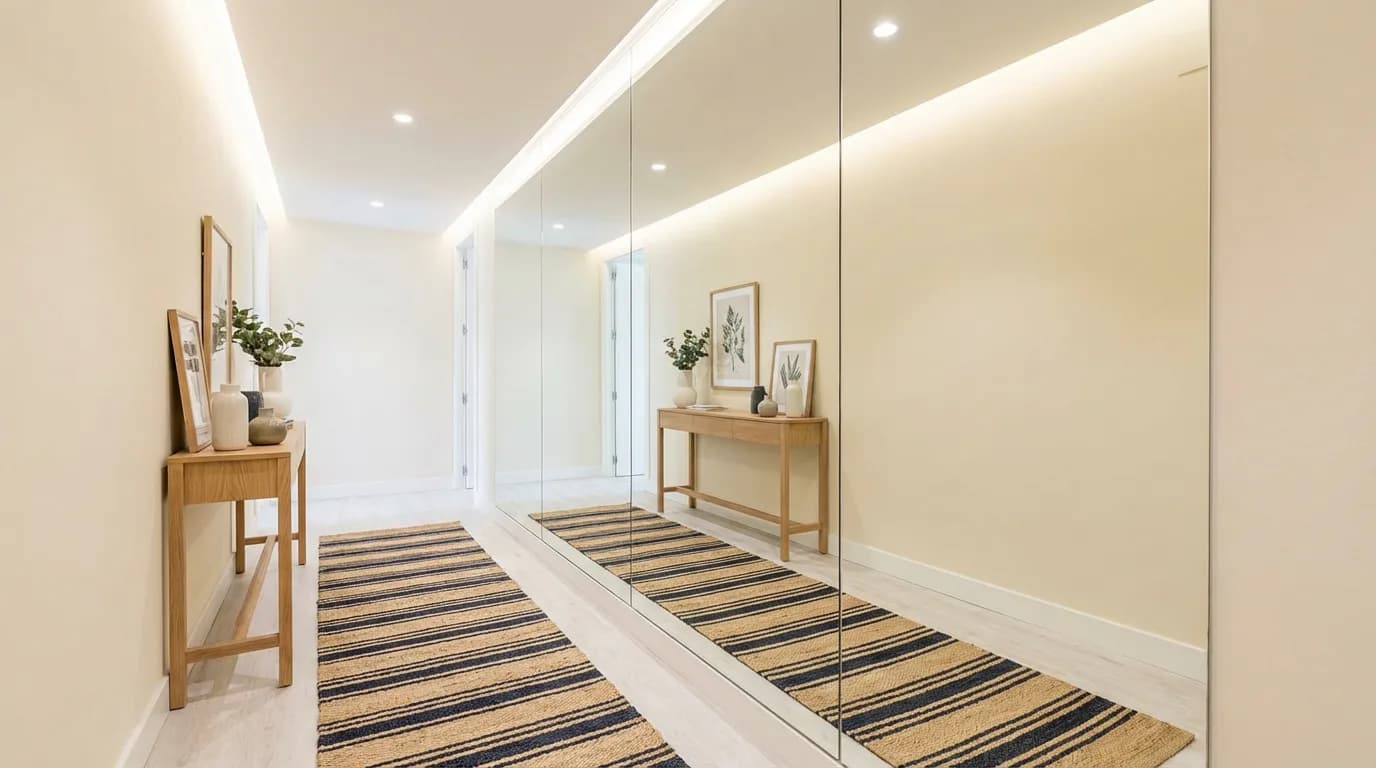 Illusion d'optique dans un couloir Couloir étroit rendu visuellement plus large grâce à un grand miroir mural et un tapis à rayures horizontales, illustrant des astuces de design.