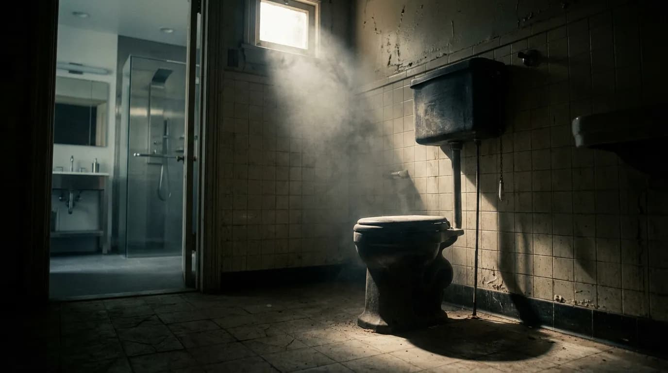 Ancien WC à Pas Rapide Interdit Vue cinématographique d'une ancienne toilette à pas rapide dans une salle de bain datée, symbolisant la réglementation et le passage à des systèmes modernes.