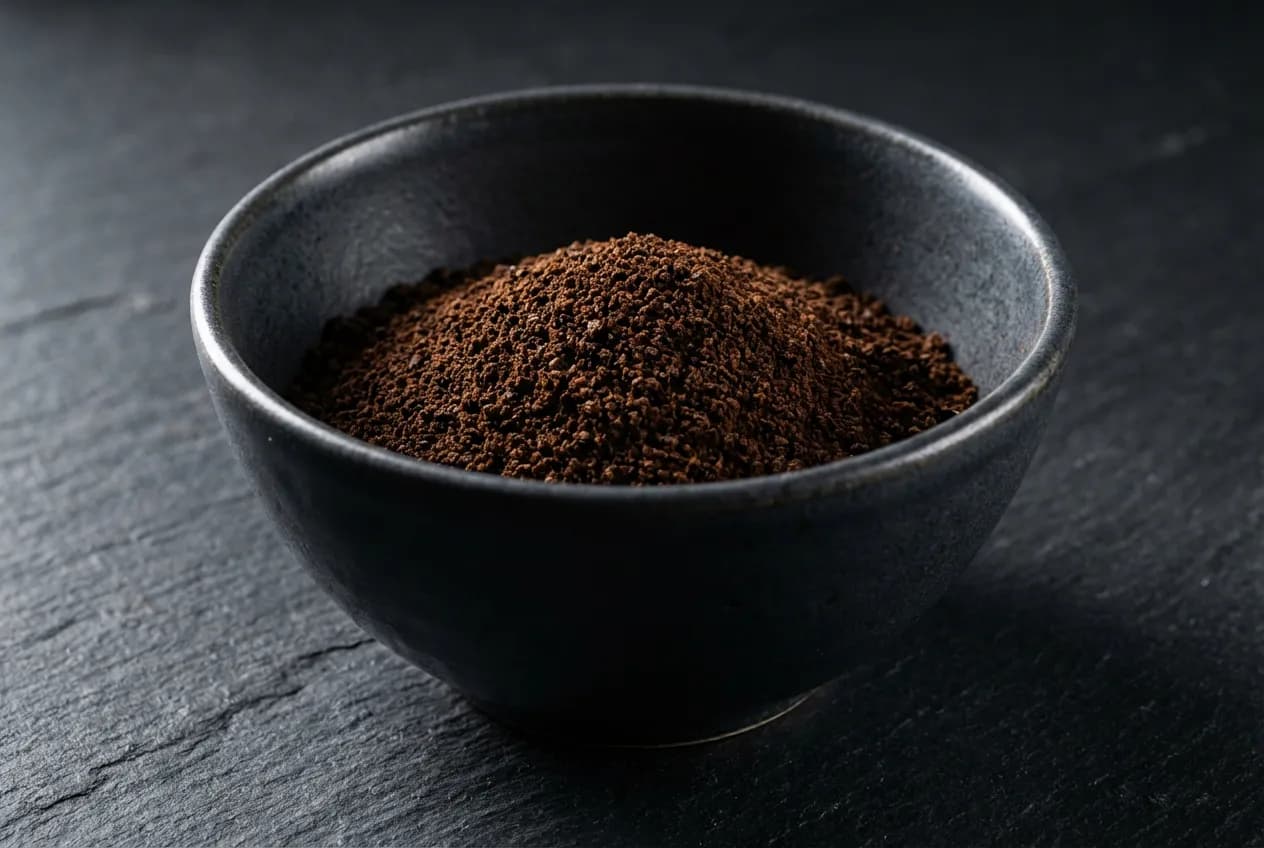 Eliminare Odore Vernice Smalto: Guida e 7 Rimedi Veloci Gros plan sur un bol de marc de café, un remède naturel efficace pour absorber l'odeur de peinture à smalto.