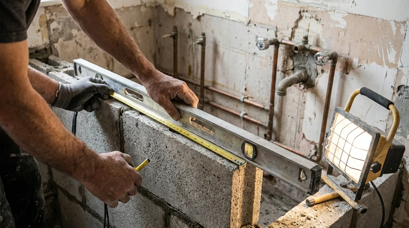 Artisan mesurant avec précision la hauteur d'un muret technique en construction derrière l'emplacement des sanitaires pour éviter les erreurs.