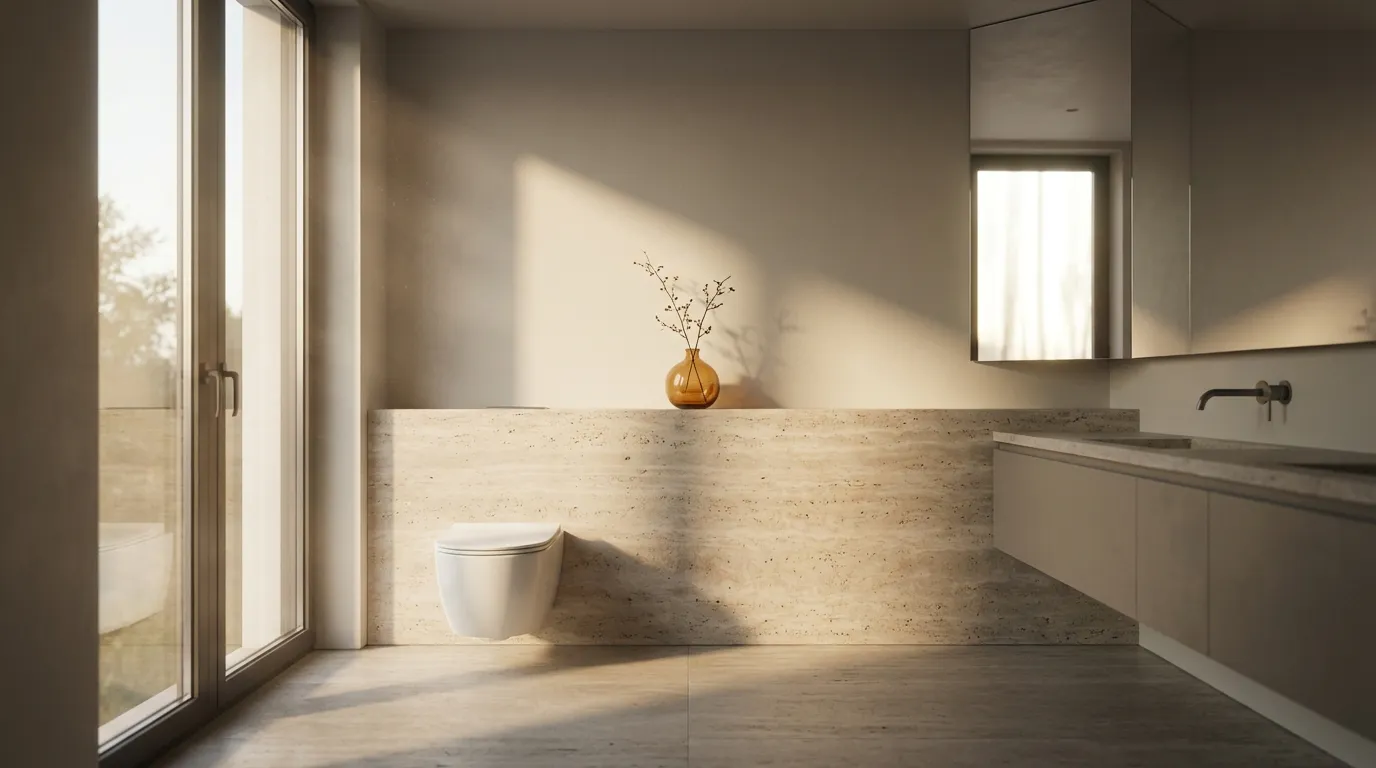 Vue d'ensemble d'une salle de bain design et épurée, mettant en valeur un muret bas parfaitement proportionné derrière des sanitaires suspendus.