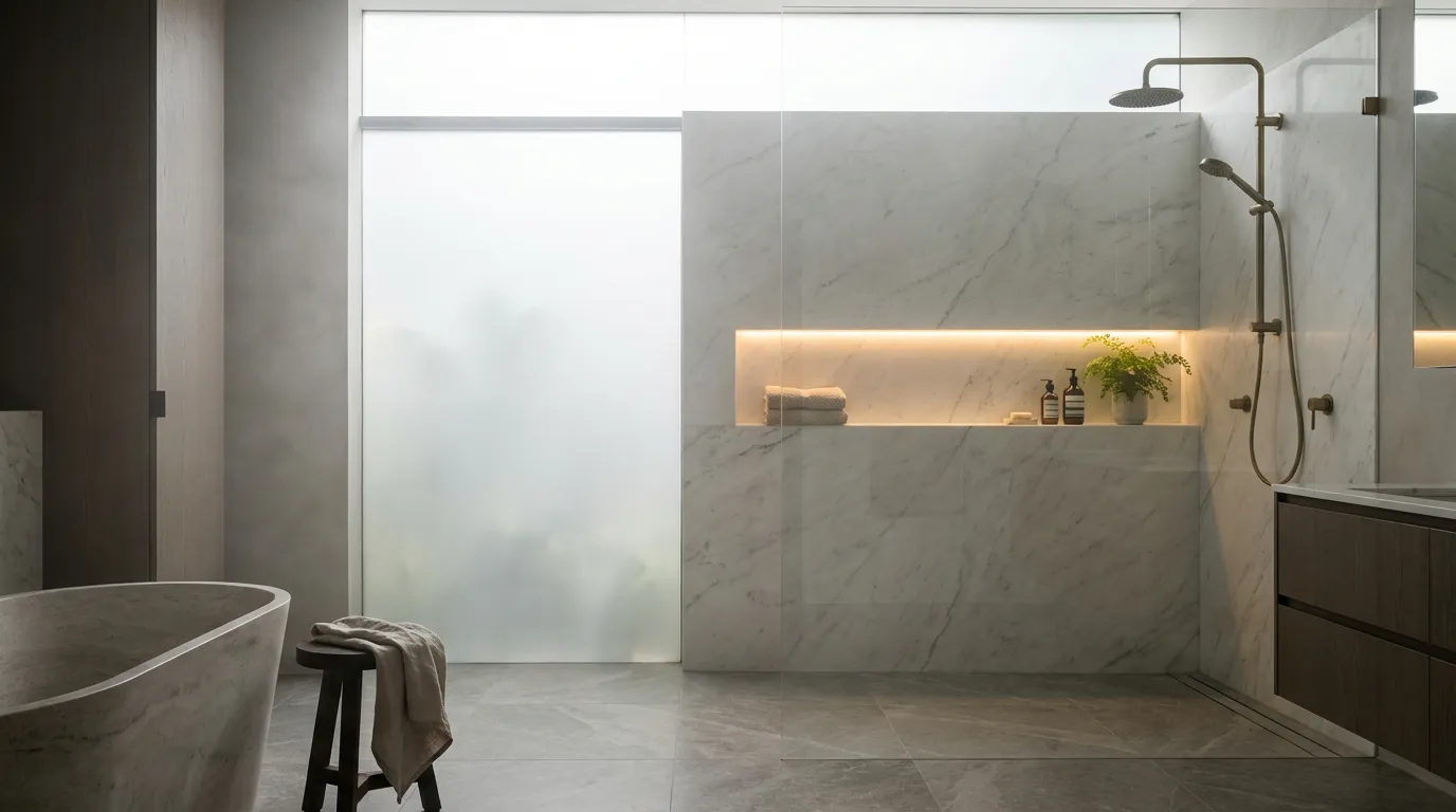 Niche de Douche Design et Éclairage Salle de bain de luxe avec une douche à l'italienne spacieuse et une niche de douche éclairée, exemple parfait pour illustrer l'importance de l'altezza nicchia doccia.