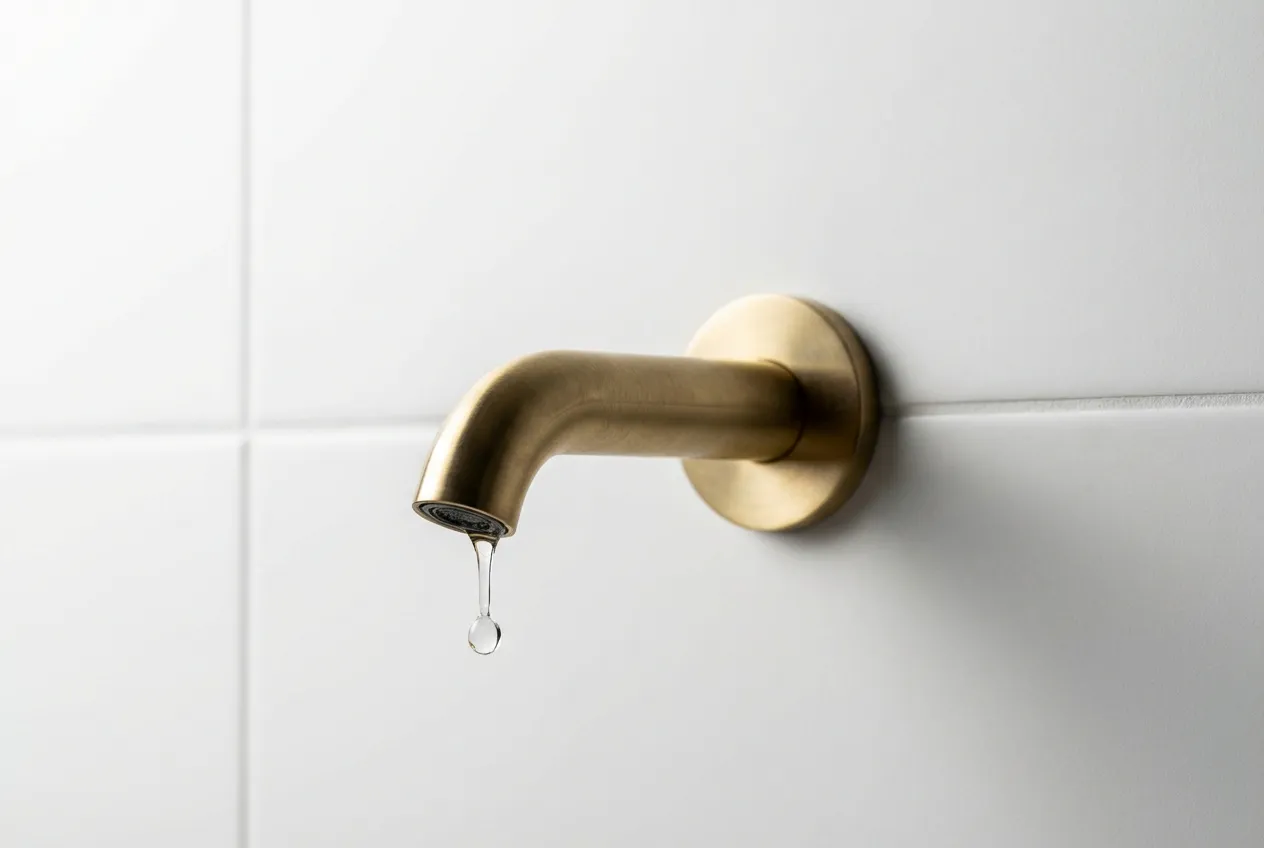 Gros plan sur un robinet design et compact en laiton brossé, une solution élégante et peu encombrante pour une salle de bain de 3 m².