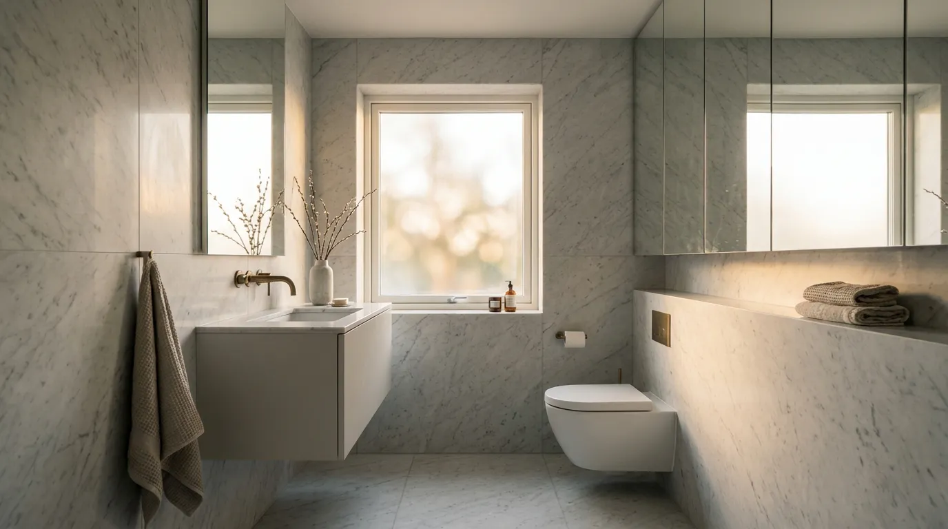 Solution de design pour une petite salle de bain de 3 m², avec des sanitaires suspendus, un grand miroir et un éclairage doux créant une atmosphère luxueuse et spacieuse.