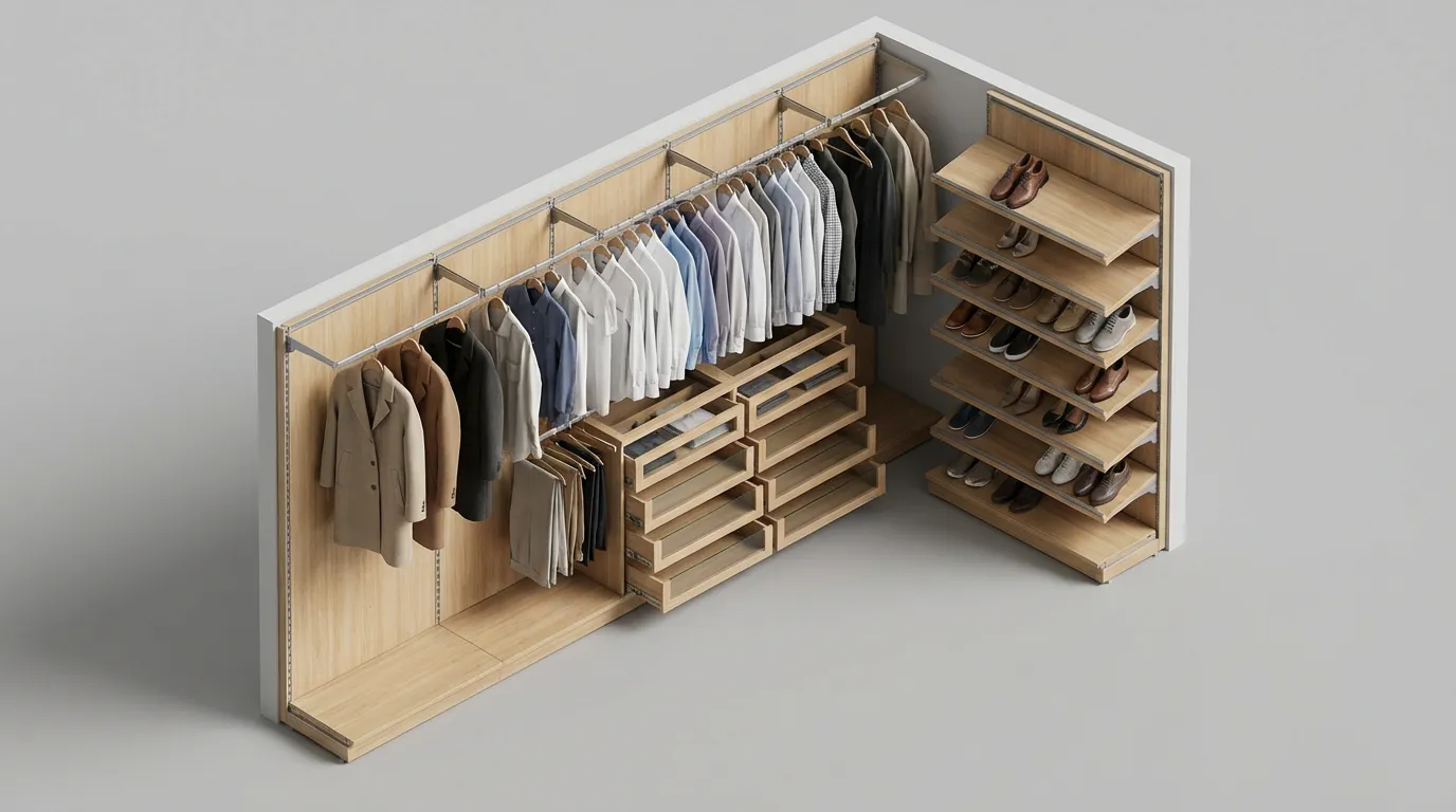 Layout Design Cabina Armadio 1 Metro Illustrazione del layout e del design di una cabina armadio profonda 1 metro, con sezioni per abiti, cassetti e scarpiere per massimizzare lo spazio.