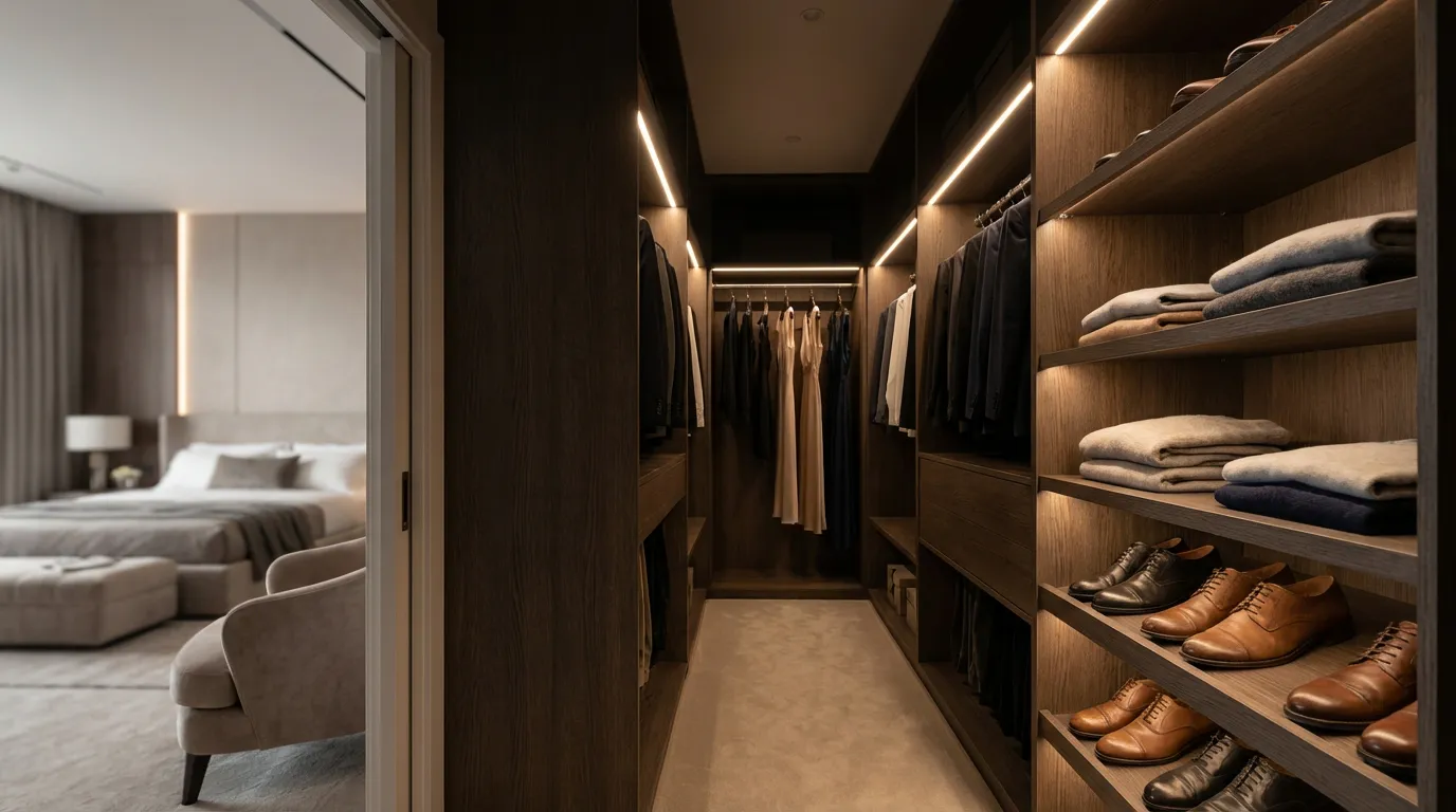 Cabina Armadio Lussuosa Profondità 1 Metro Vista cinematografica di una cabina armadio di lusso con profondità di 1 metro, perfettamente organizzata con illuminazione a LED integrata e abiti di alta moda.