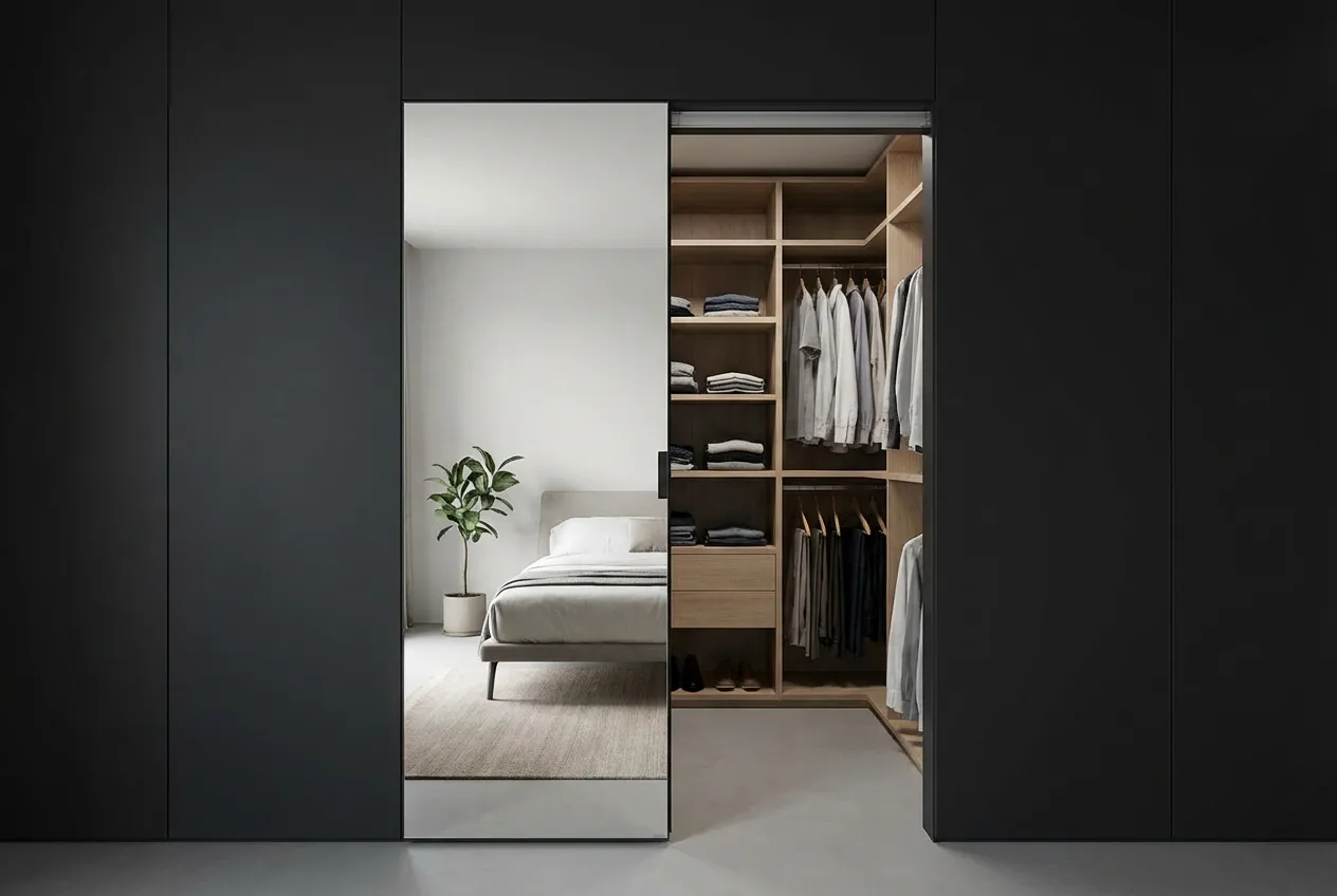 Gros plan sur une porte de dressing miroir, une solution de design intelligente et minimaliste pour une chambre de 14 mètres carrés.