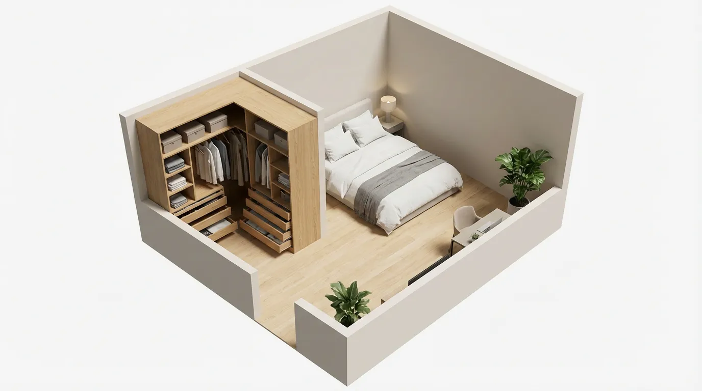 Plan d'aménagement 3D isométrique illustrant une idée de disposition pour une chambre de 14m² avec une cabine de dressing d'angle.