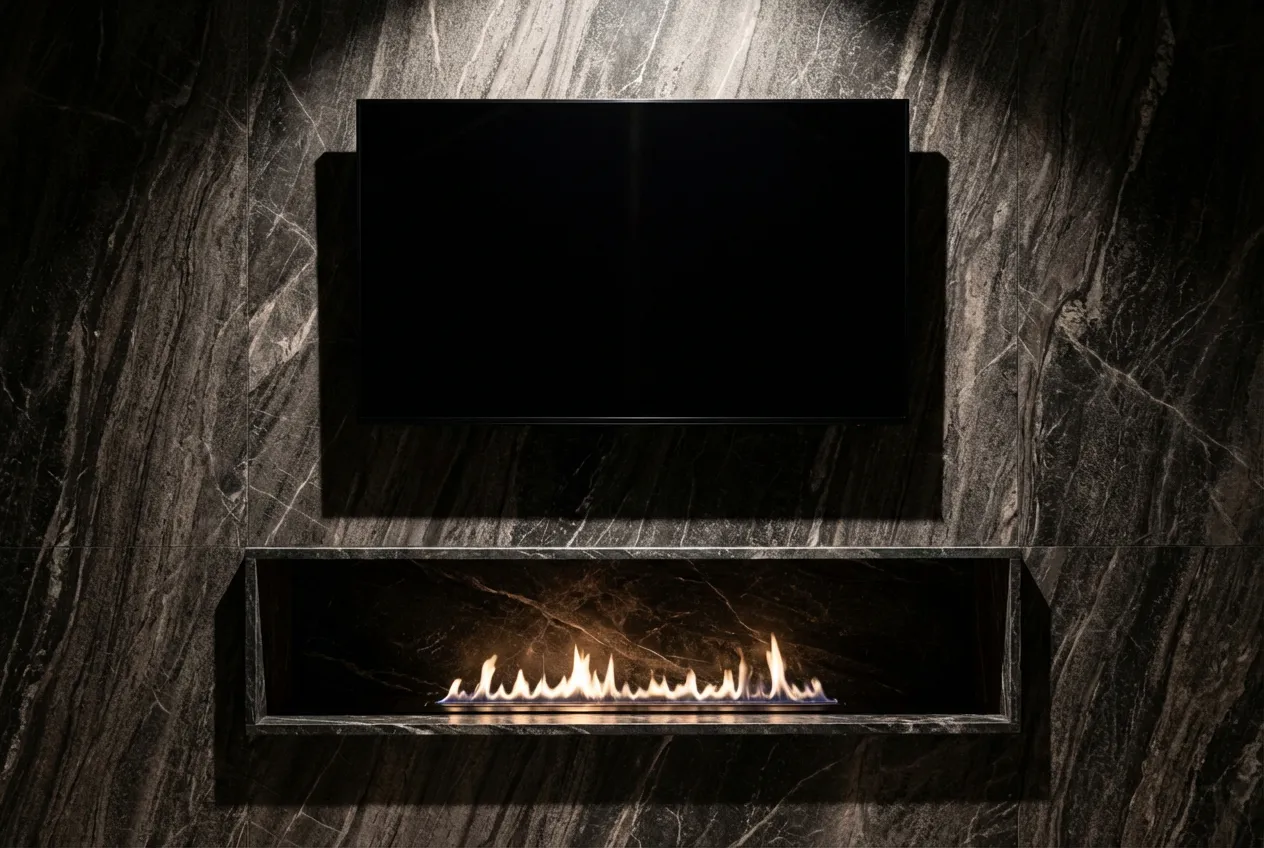 Gros plan minimaliste d'une cheminée moderne installée juste en dessous d'une télévision sur un mur design.