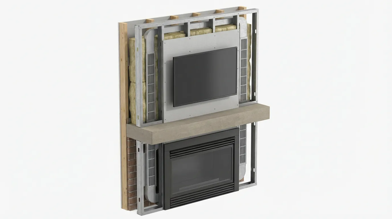 Illustration technique montrant la coupe d'un mur avec les solutions d'isolation et de ventilation pour protéger un téléviseur de la chaleur d'une cheminée.