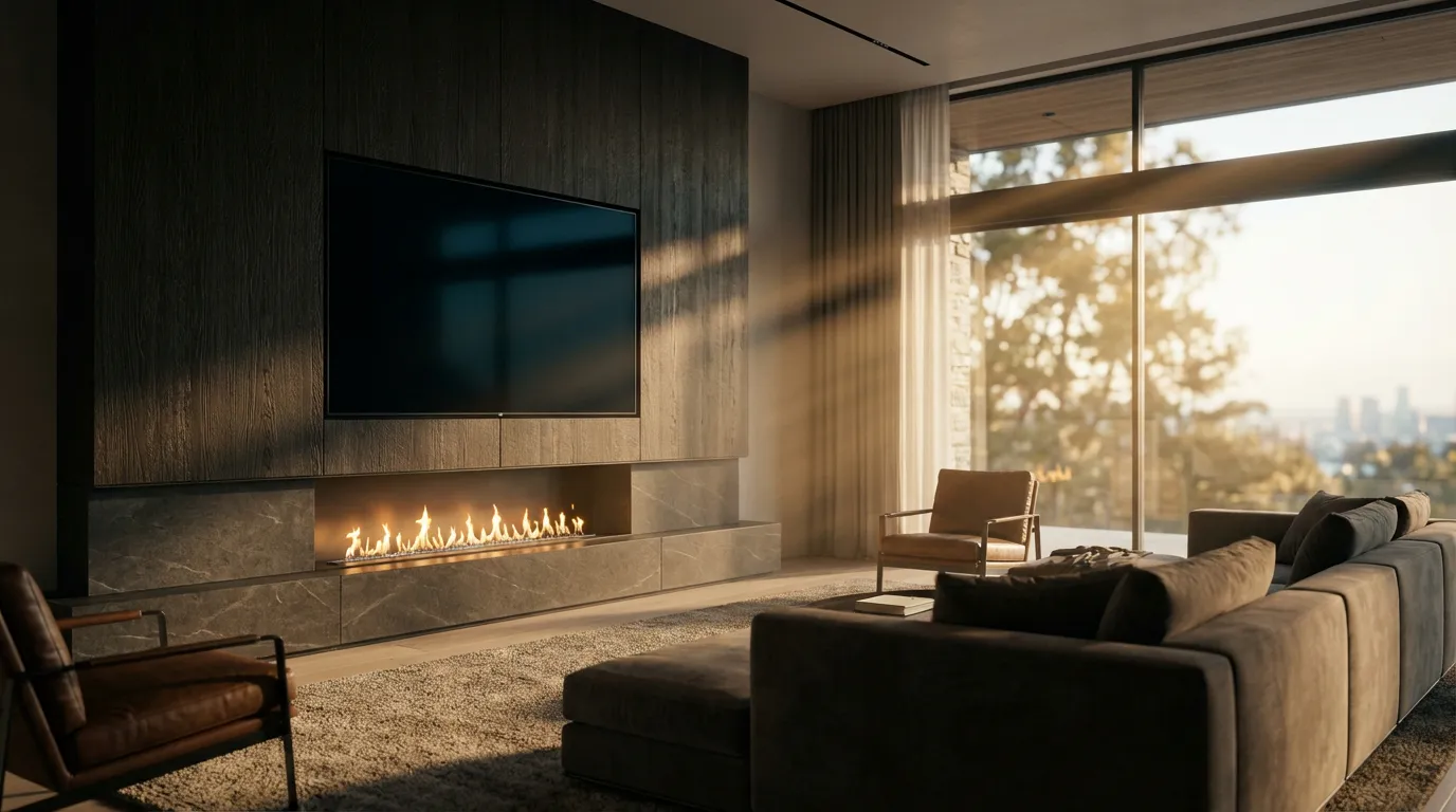 Un salon de luxe moderne avec un téléviseur et une cheminée intégrés sur le même mur, créant une ambiance élégante et chaleureuse.