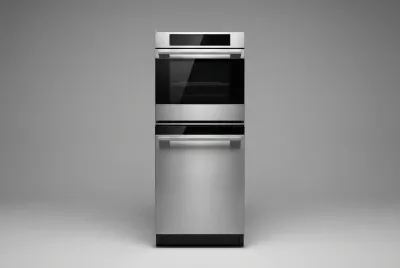 Dettaglio di una colonna forno con lavastoviglie dal design minimalista su sfondo neutro.