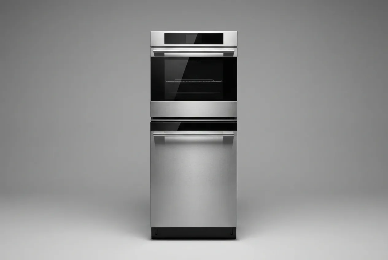 Dettaglio di una colonna forno con lavastoviglie dal design minimalista su sfondo neutro.