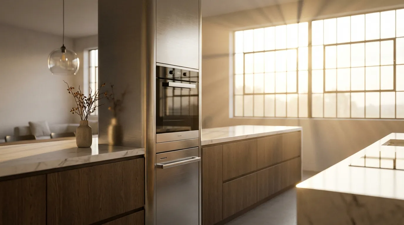 Elegante cucina moderna con una colonna forno e lavastoviglie integrata, illuminata da una luce morbida e naturale.
