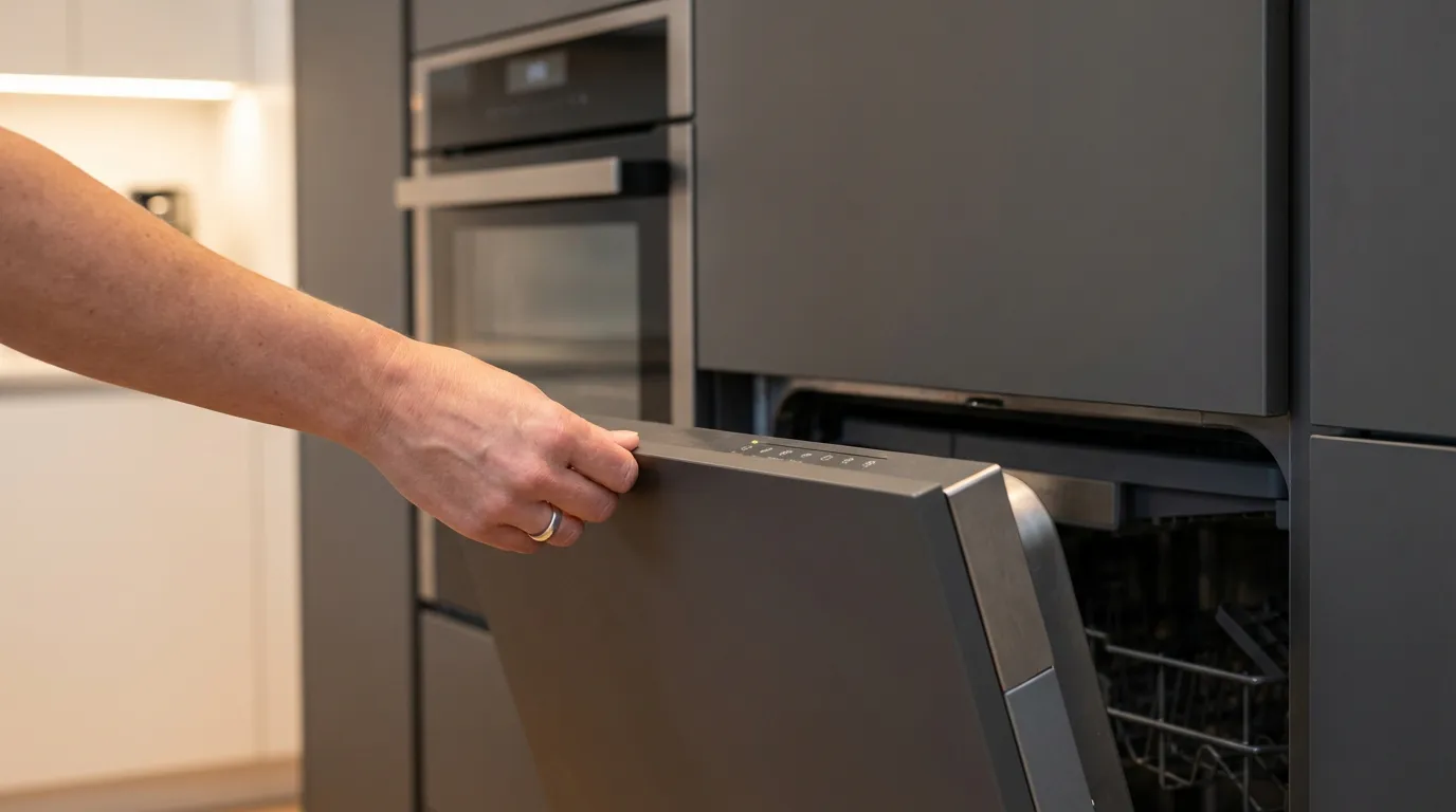 Primo piano di una persona che apre la lavastoviglie integrata in una colonna forno, mostrando la praticità della soluzione salvaspazio.