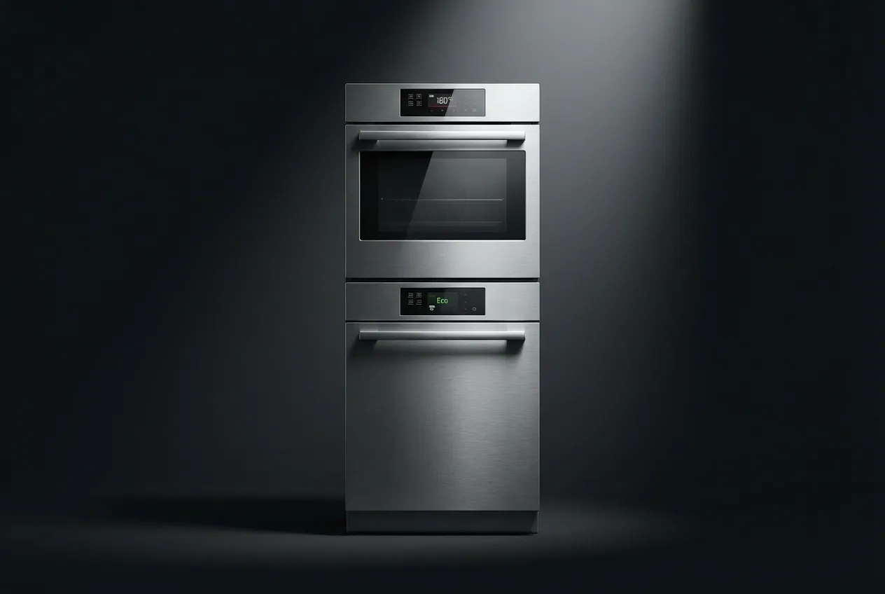 Gros plan iconique d'une colonne d'électroménagers superposés, four et lave-vaisselle, avec un éclairage de studio à fort contraste sur fond sombre.