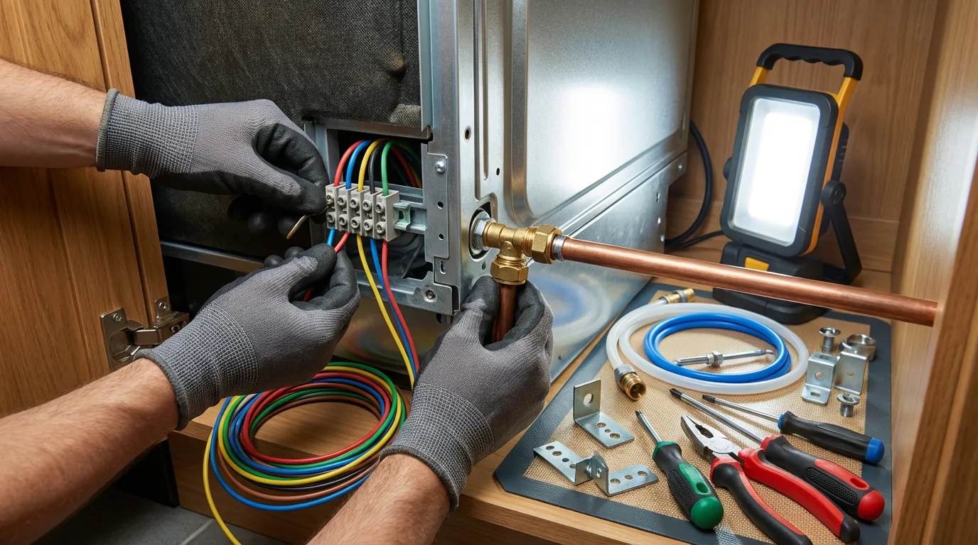 Image détaillée montrant les mains d'un technicien réalisant les branchements techniques pour l'installation d'une colonne four et lave-vaisselle.