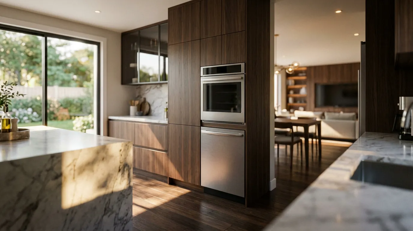 Vue panoramique d'une cuisine de luxe moderne et épurée, mettant en avant une colonne encastrée avec un four et un lave-vaisselle, baignée d'une lumière naturelle douce.