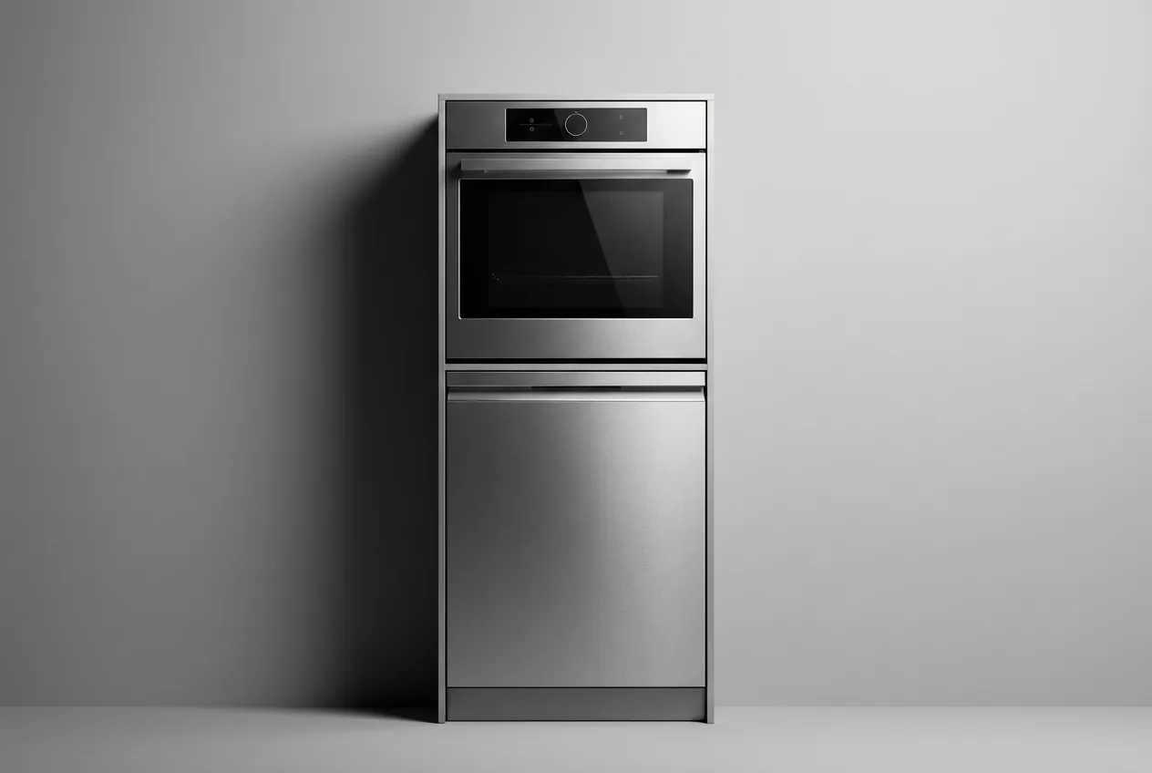 Gros plan iconique d'une colonne d'électroménagers avec four et lave-vaisselle sur un fond neutre.
