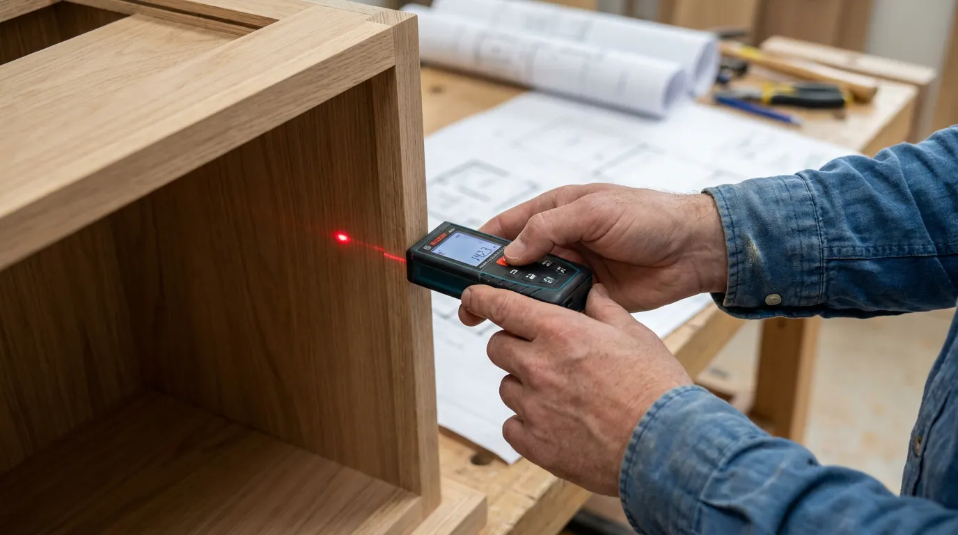 Un professionnel mesure avec précision la niche destinée à accueillir une colonne pour four et lave-vaisselle.