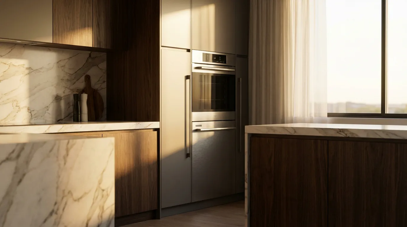 Vue panoramique d'une cuisine de luxe moderne au coucher du soleil, avec une colonne d'électroménagers intégrés comprenant un four et un lave-vaisselle.