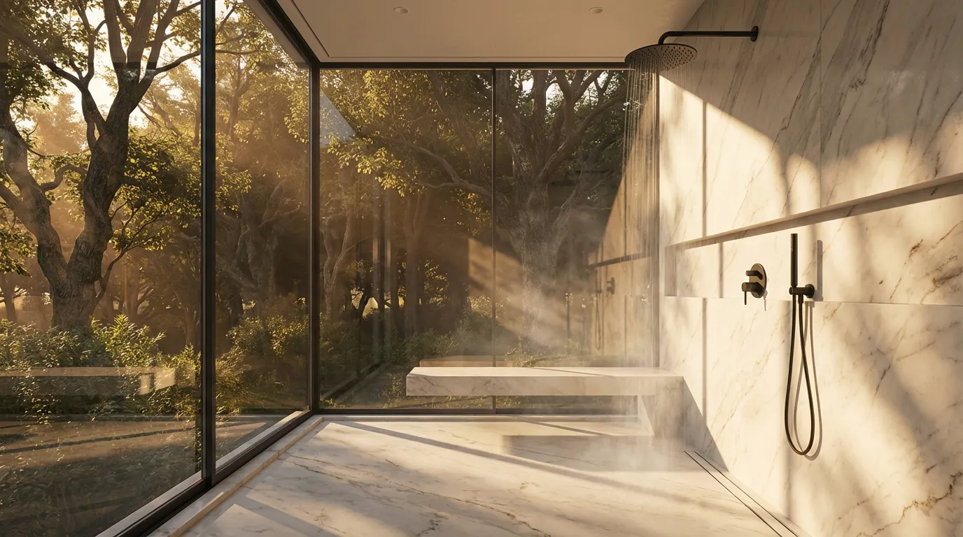 Douche de luxe installée devant une immense baie vitrée donnant sur une forêt paisible au coucher du soleil, créant une ambiance sereine et haut de gamme.