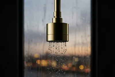 Gros plan sur un pommeau de douche design en laiton avec des gouttes d'eau, devant une fenêtre floutée et pluvieuse.