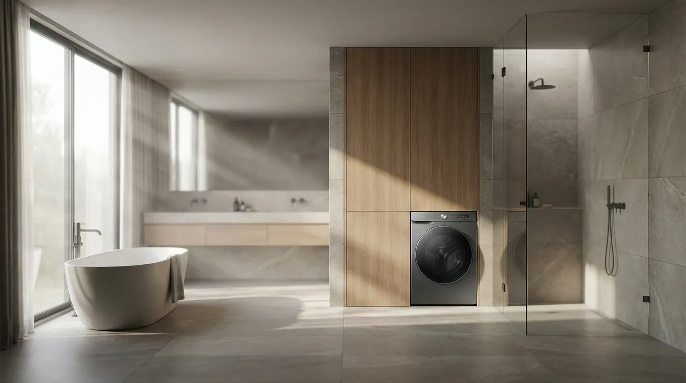 Salle de bain design avec une douche à l'italienne et une machine à laver intégrée dans un meuble sur mesure, illustrant une solution élégante et fonctionnelle pour placer une douche et une lavatrice proches.