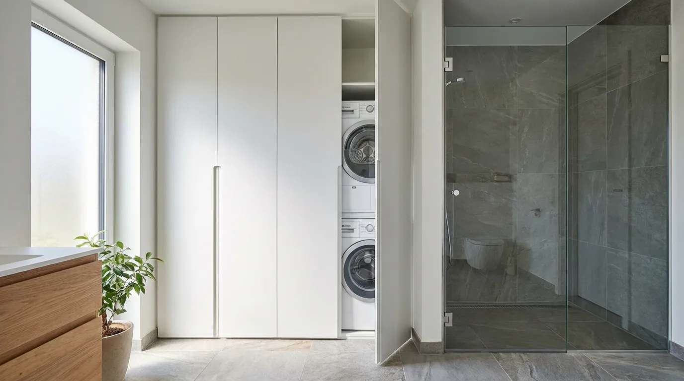 Solution d'aménagement montrant une colonne lave-linge et sèche-linge dans un placard sur mesure étanche, juste à côté de l'espace douche, pour optimiser l'espace dans la salle de bain.