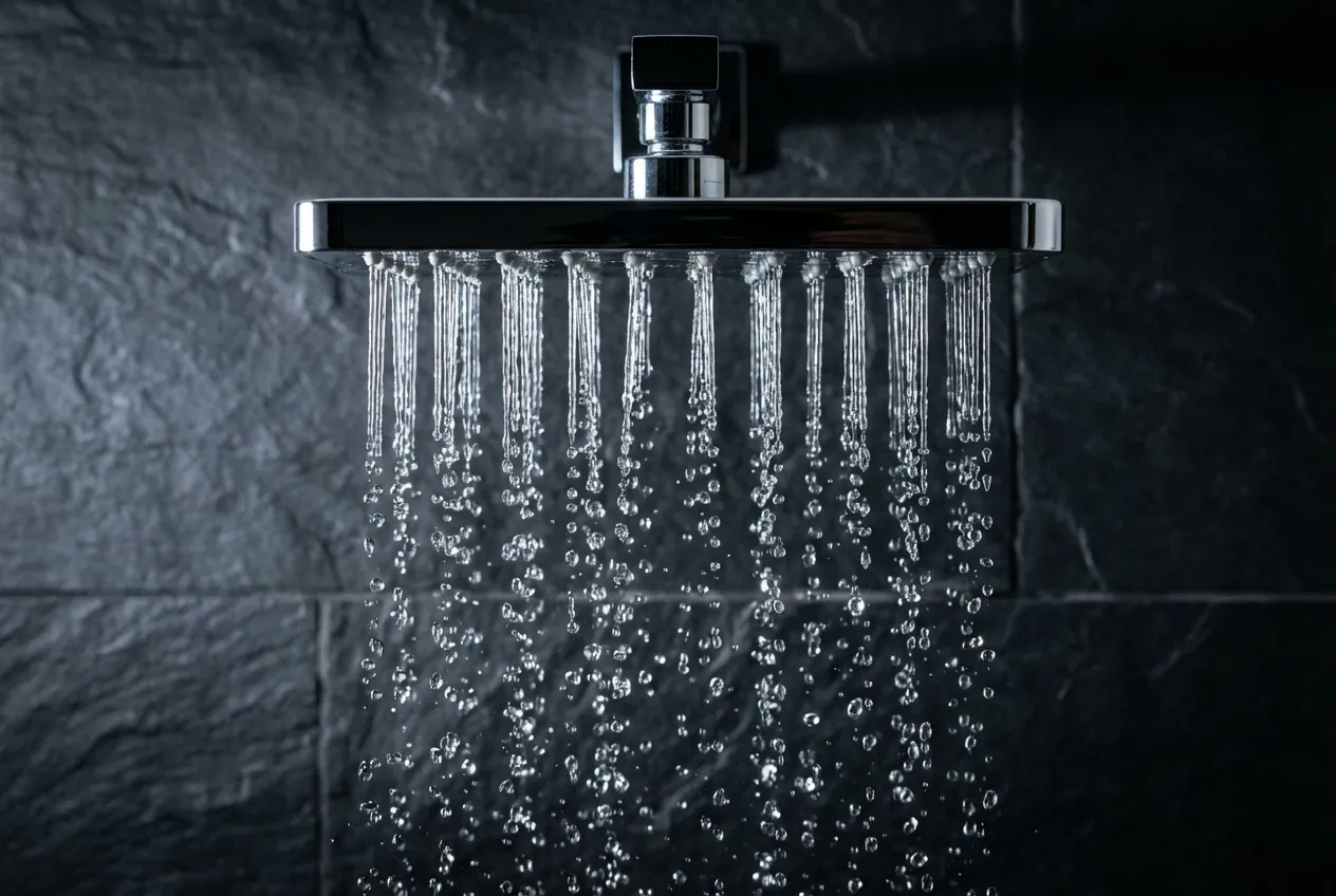 Gros plan sur un pommeau de douche effet pluie moderne, mettant en évidence la clarté et le mouvement de l'eau.