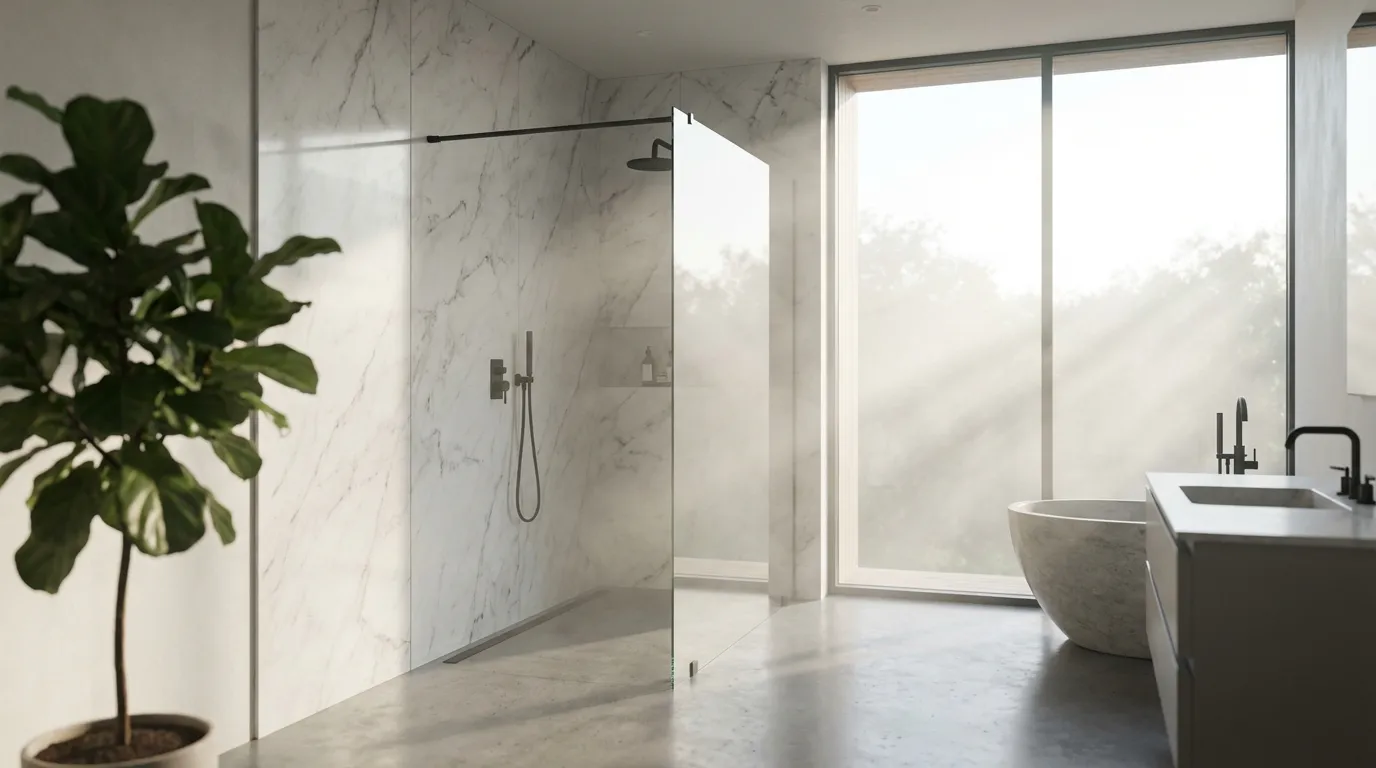 Salle de bain design et spacieuse avec une douche walk-in de 120 cm, baignée de lumière naturelle, évoquant le luxe et la sérénité.