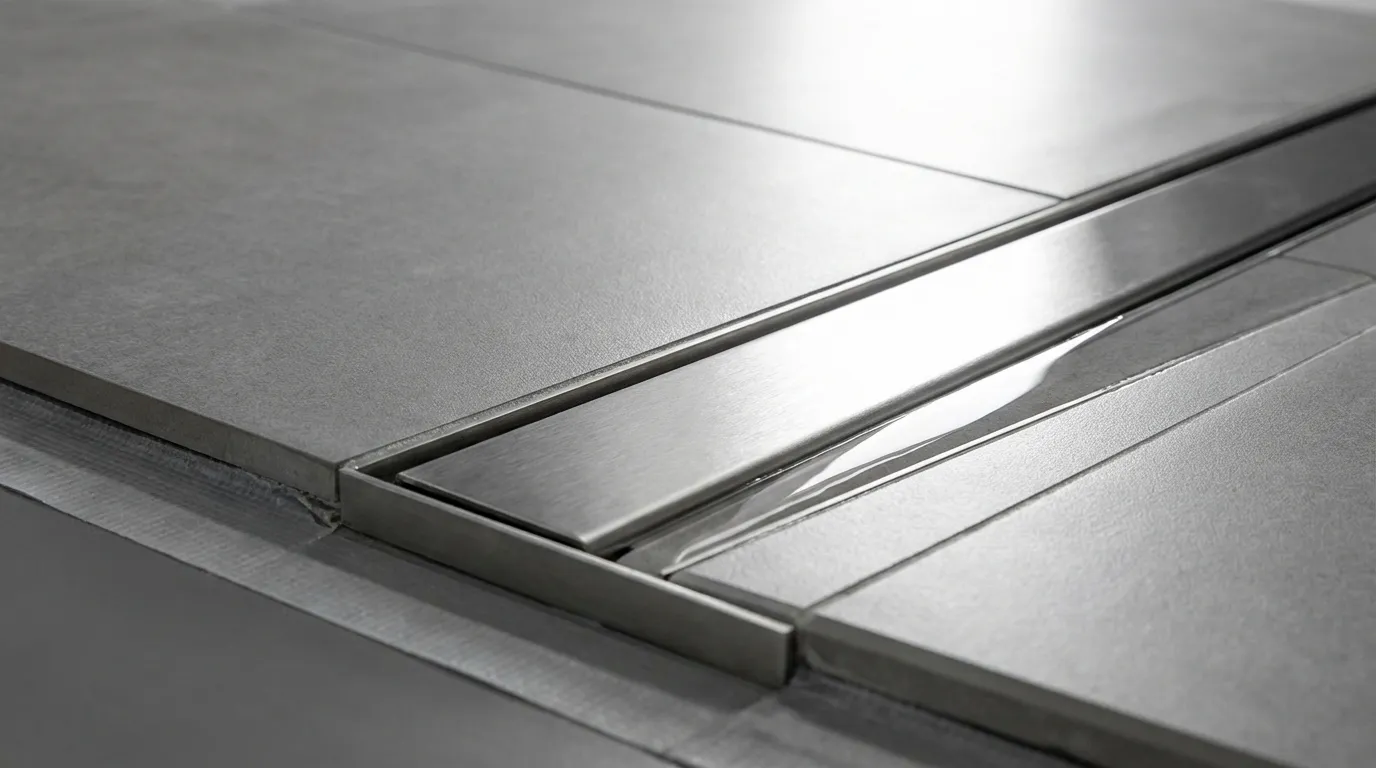 Vue technique sur le sol d'une douche walk-in de 120 cm, montrant en détail le caniveau d'évacuation et la pente du carrelage.