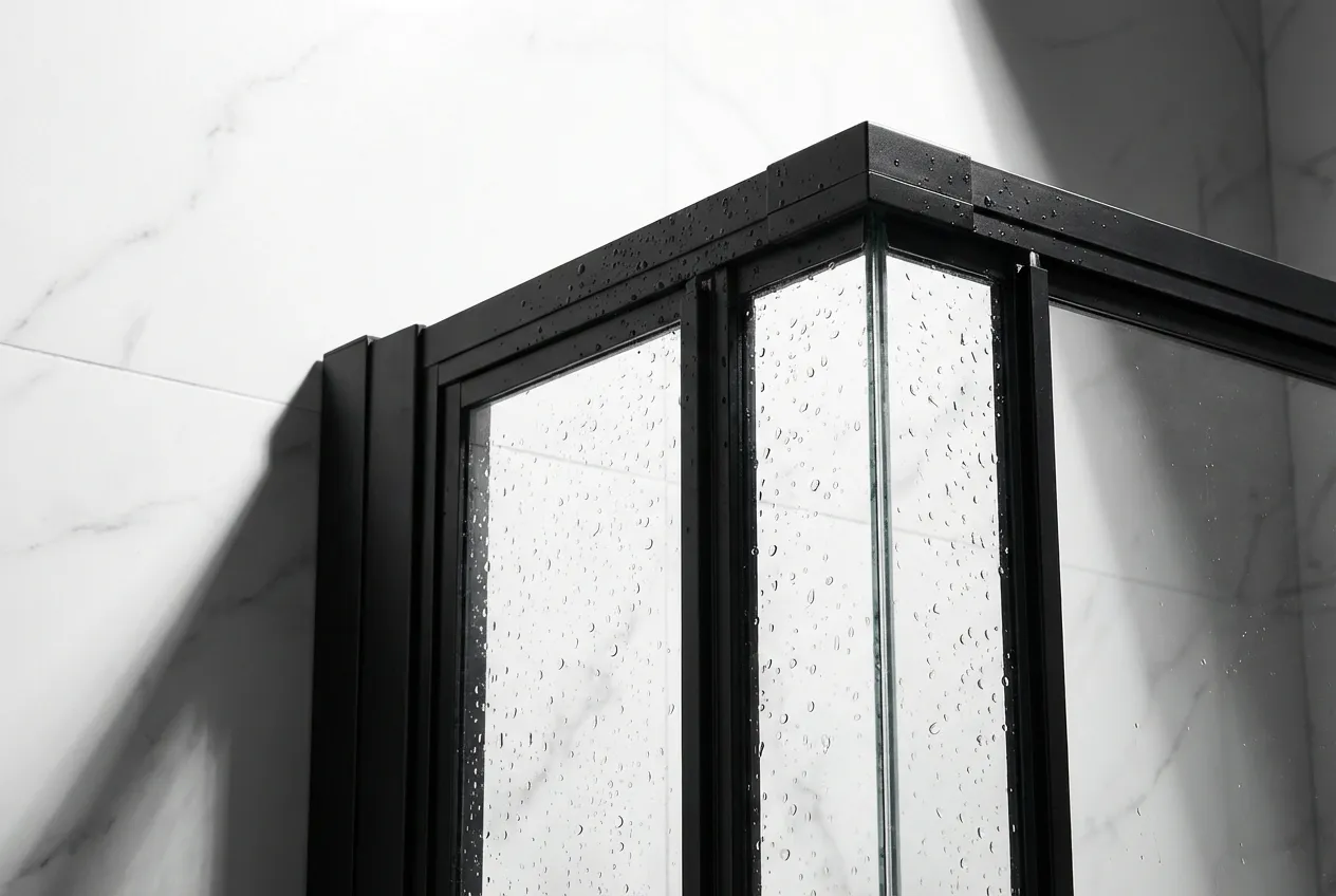 Gros plan d'un coin de fenêtre de douche étanche avec des gouttes d'eau, illustrant la qualité des matériaux.