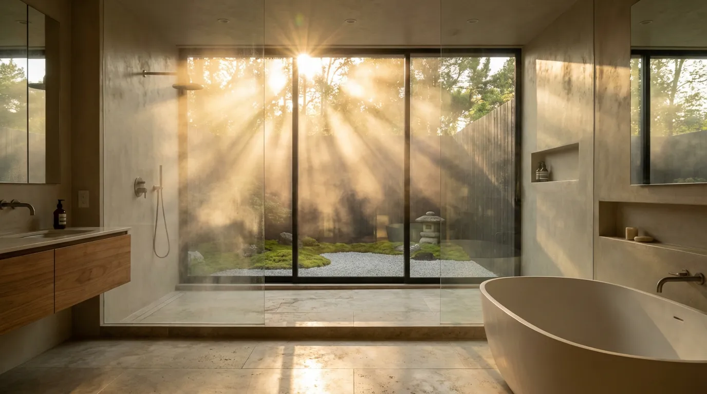 Vue cinématographique d'une douche à l'italienne luxueuse avec une grande fenêtre donnant sur un jardin zen, baignée par la lumière du soleil couchant.