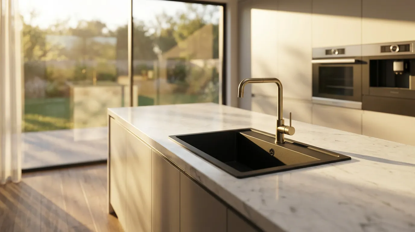 Évier en Granitek dans une cuisine design Cucina moderna e lussuosa con un lavello in Granitek nero opaco integrato in un piano di lavoro in marmo, bagnata dalla luce del sole al tramonto.