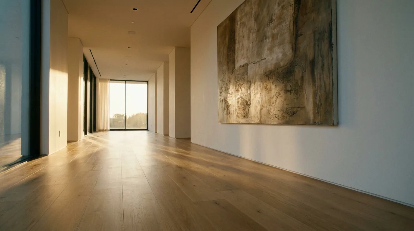 Vue d'un couloir large et lumineux dans une maison moderne, baigné par la lumière du soleil couchant, illustrant l'importance de la largeur pour le confort et l'esthétique.