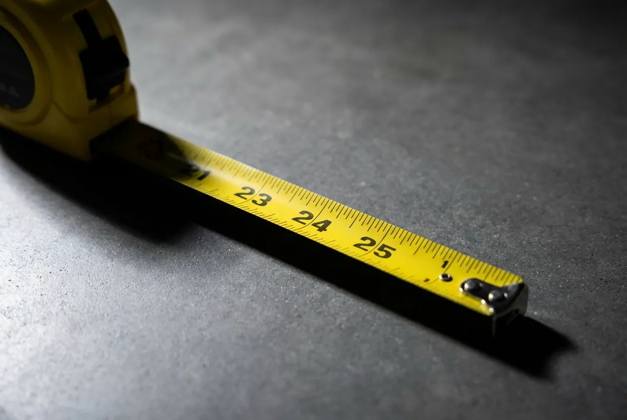 Gros plan sur un mètre ruban mesurant la largeur d'un couloir, symbolisant la précision des normes de construction.