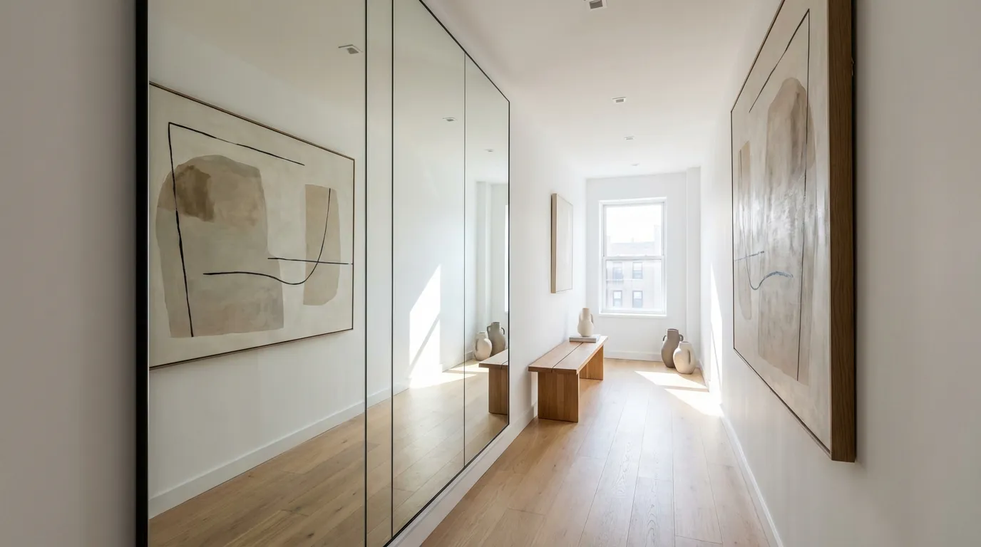 Un couloir étroit valorisé par un grand miroir mural qui réfléchit la lumière et agrandit visuellement l'espace.