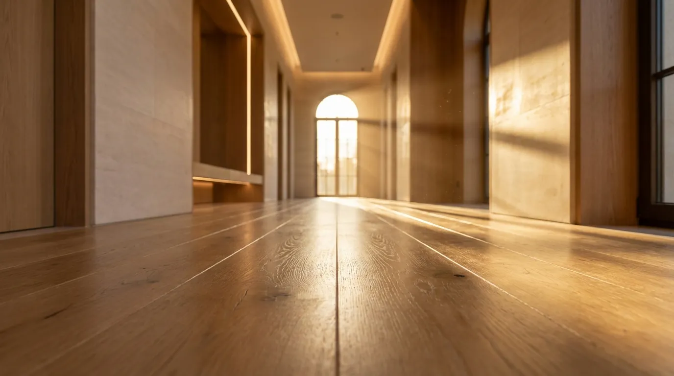 Un couloir spacieux et lumineux dans une maison moderne, baigné de lumière dorée, illustrant l'importance d'une largeur de passage bien pensée.