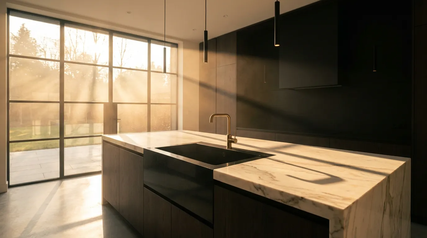 Cuisine Moderne avec Évier Filotop Cuisine moderne et luxueuse avec un îlot central en marbre et un évier filotop noir parfaitement intégré, baignée par la douce lumière du matin.