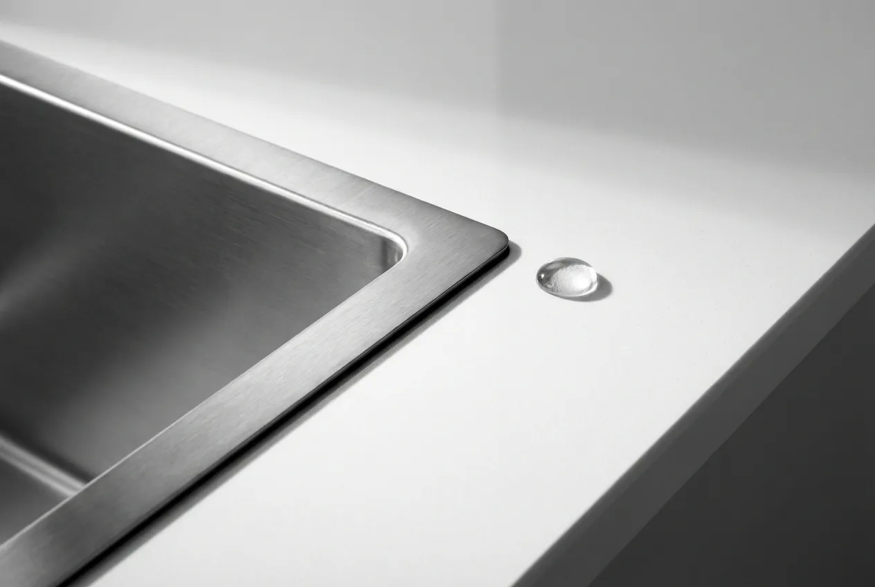 Gros plan sur le joint parfait d'un évier filotop en inox intégré dans un plan de travail en quartz, illustrant la précision du design.