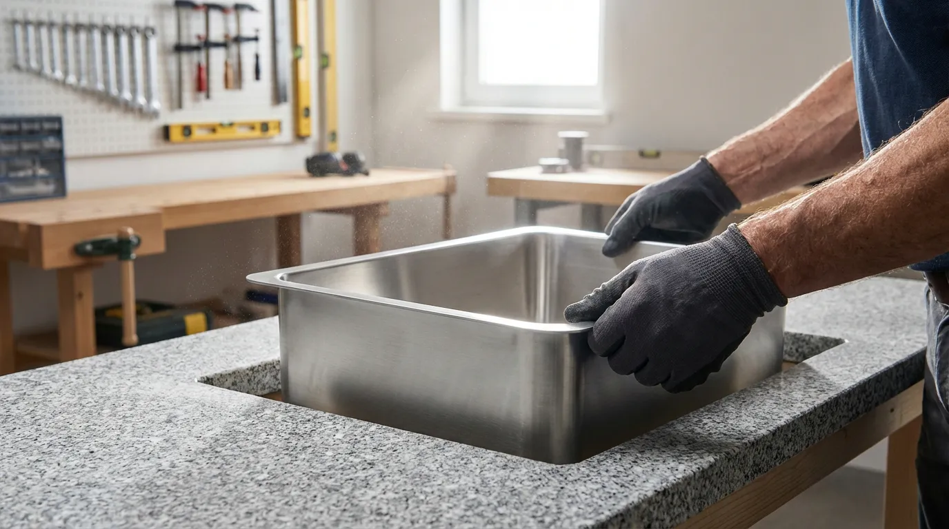 Installation Professionnelle d'un Évier Filotop Photo détaillée montrant les mains d'un artisan expert lors de l'installation précise d'un évier filotop dans un plan de travail en granit.