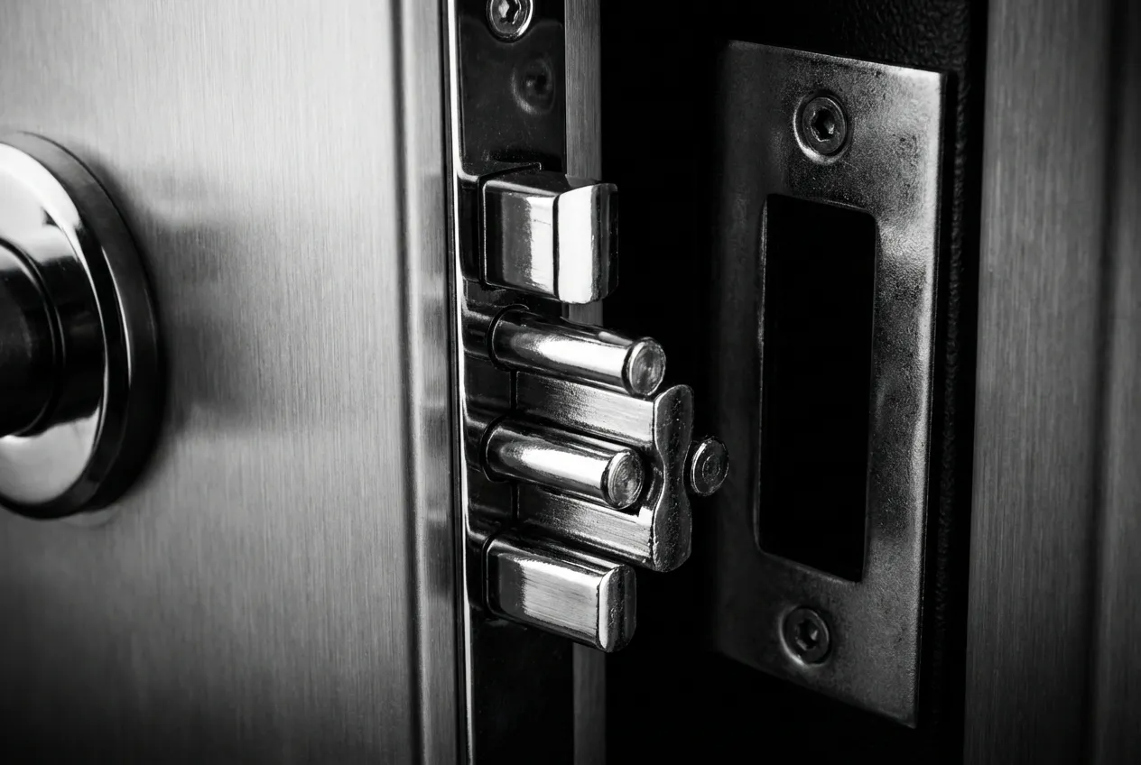 Gros plan sur le mécanisme de verrouillage d'une porte blindée Parmaporte, montrant les pênes en acier chromé pour une sécurité maximale.