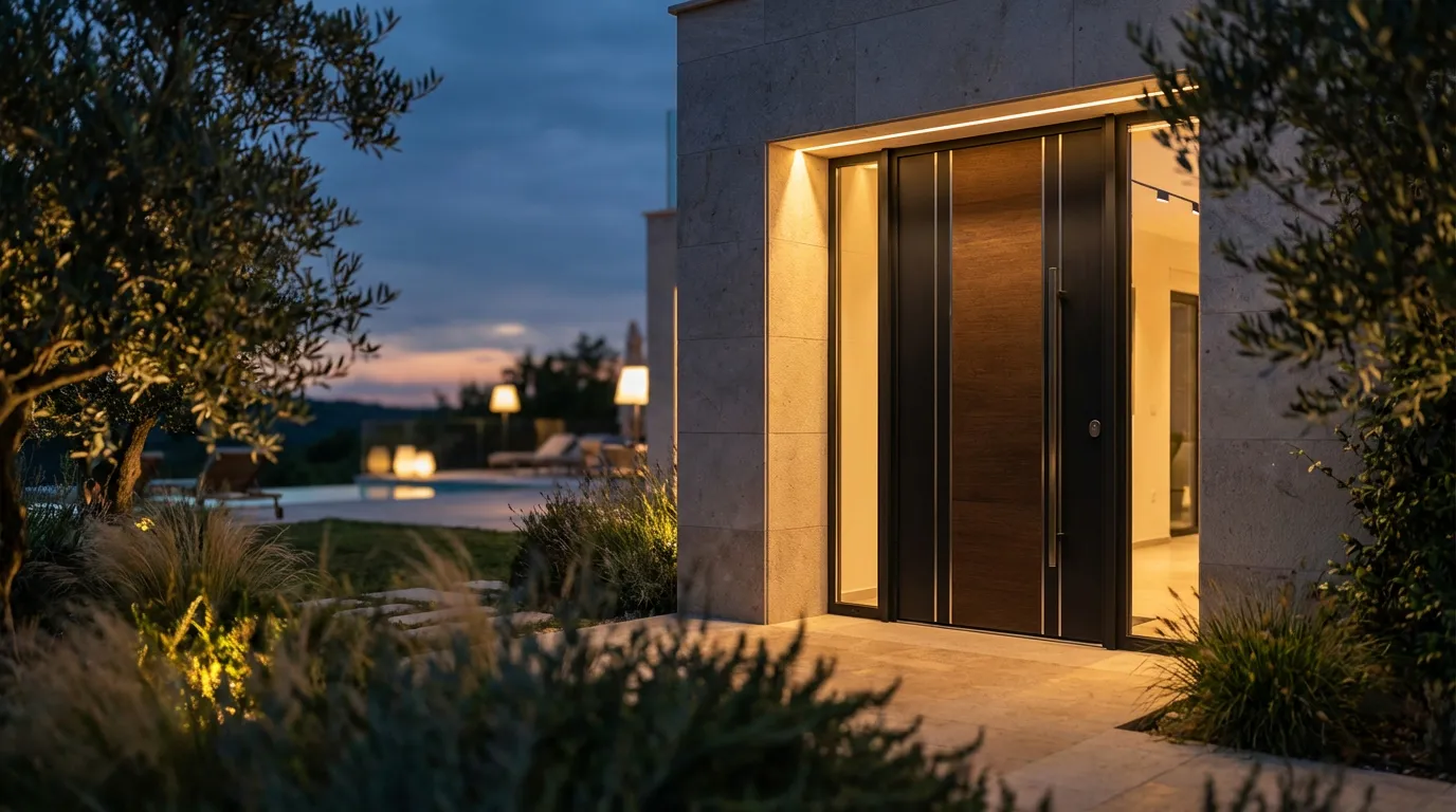 Vue cinématographique de l'entrée d'une maison de luxe avec une porte blindée Parmaporte élégante, symbole de sécurité et de design.