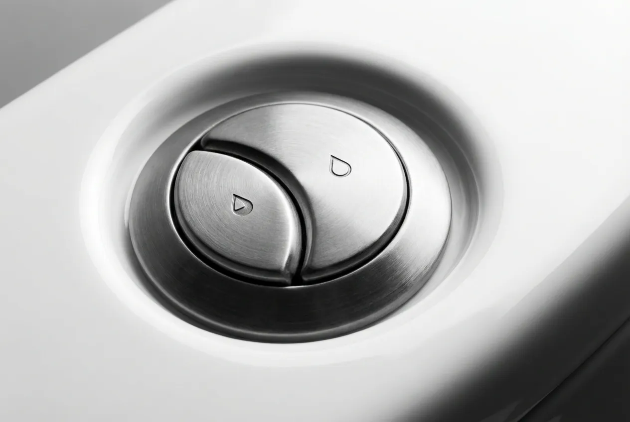 Gros plan sur un bouton de chasse d'eau moderne à double flux, alternative écologique au WC à pas rapide.