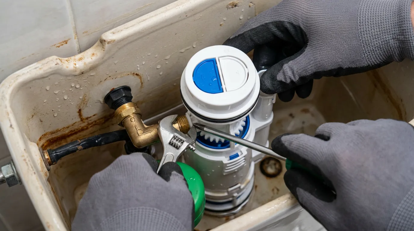 Plombier en action remplaçant un ancien mécanisme de chasse d'eau à pas rapide par un système moderne et économique.