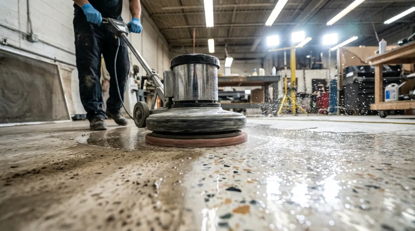 Un professionnel en action, utilisant une machine pour polir un sol en marbre, montrant la transformation d'une surface terne à une surface brillante.