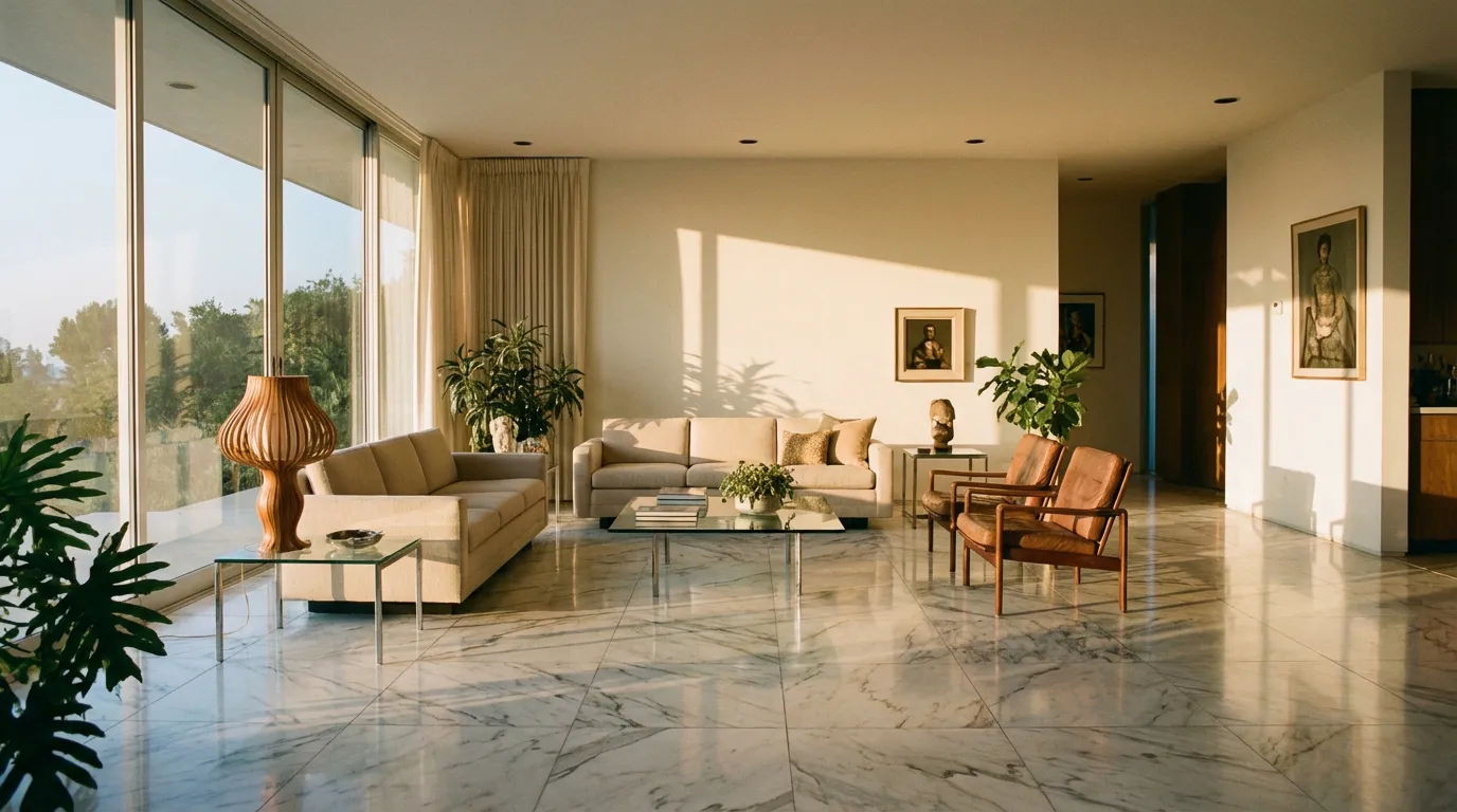 Un salon de luxe avec un sol en marbre des années 70 magnifiquement rénové et brillant, meublé dans un style moderne et élégant, baigné d'une lumière chaude.